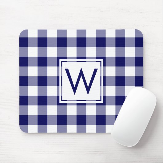 Modernes Monogram Navy Blue & White Gingham Muster Mousepad (Mit Mouse)