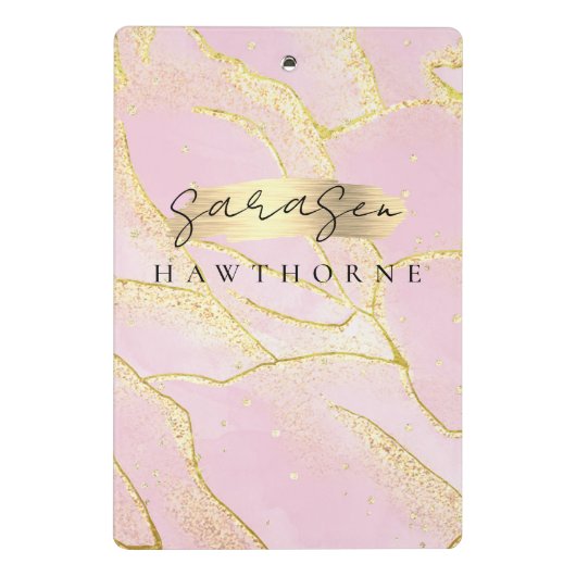Modernes Monogram Script Chic Girly Pink Gold Foil Mini Klemmbrett (Rückseite)