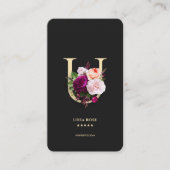 Modernes Monogram U Elegance Floral Black Gold Visitenkarte (Vorderseite)