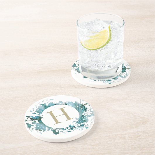 Modernes Monogramm Aquamarines Gold Getränkeuntersetzer (Seite)