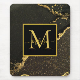 Modernes Monogramm aus Gold und schwarzem Marmor Mousepad