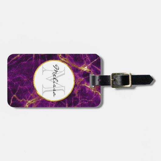 Modernes Monogramm aus Lila und Abstraktem Marmor Gepäckanhänger (Vorderseite horizontal)