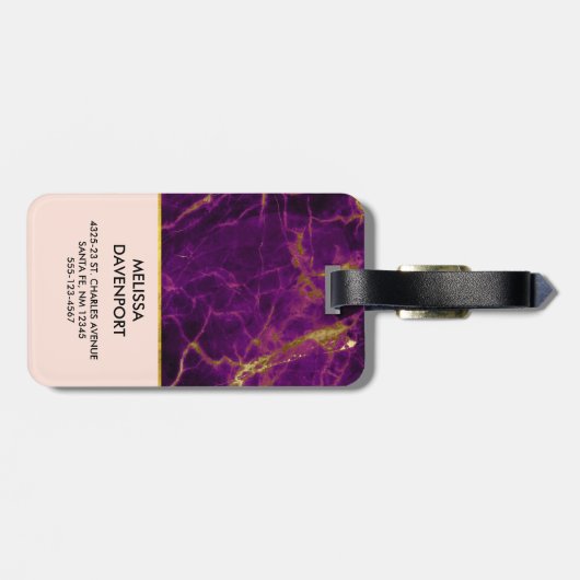 Modernes Monogramm aus Lila und Abstraktem Marmor Gepäckanhänger (Rückseite horizontal)