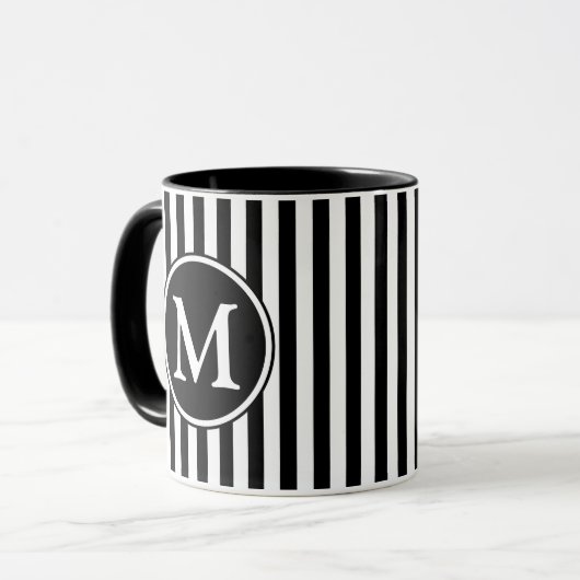 Modernes Monogramm aus schwarzem und weißem Streif Tasse (Vorderseite Links)