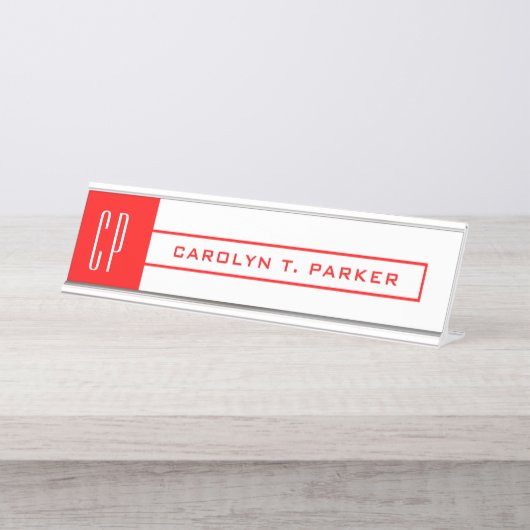 Modernes Monogramm Beruflicher Schlichter Name Rot Schreibtischnamensplakette (Vorderseite )