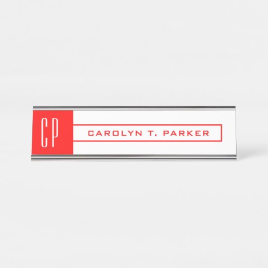 Modernes Monogramm Beruflicher Schlichter Name Rot Schreibtischnamensplakette (Vorderseite )
