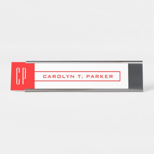Modernes Monogramm Beruflicher Schlichter Name Rot Schreibtischnamensplakette (Vorderseite )
