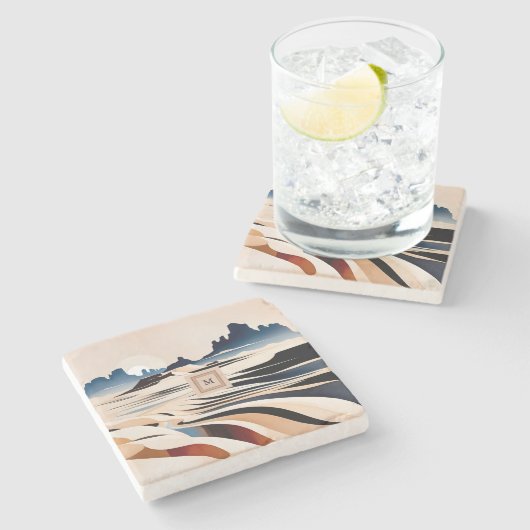 Modernes Monogramm der abstrakten Südwestwüste Steinuntersetzer (Seitenansicht)