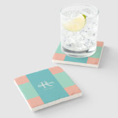 Modernes Monogramm der Aquamarinen, blauen und kor Steinuntersetzer (Seitenansicht)