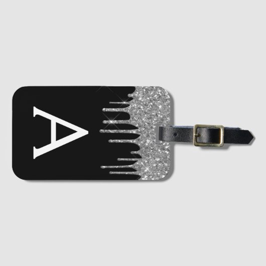 Modernes Monogramm des Silberschwarzen Glitzer Gepäckanhänger (Vorderseite (Horizontal))
