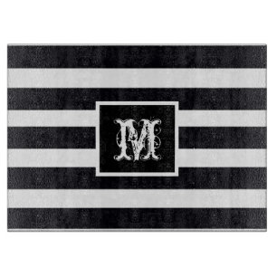 Modernes Monogramm elegantes Schwarz-Weiß-Streifen Schneidebrett