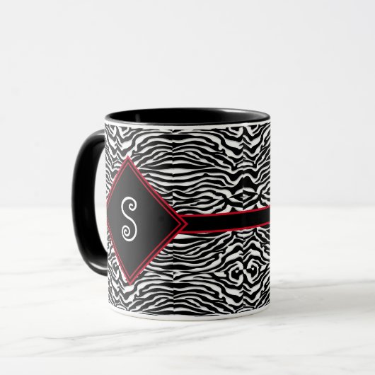 Modernes Monogramm für Schwarz-weißes Streifenmust Tasse (Vorderseite Links)