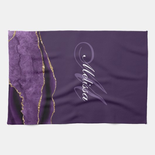 modernes Monogramm-Gold und lila Age Geschirrtuch (Horizontal)