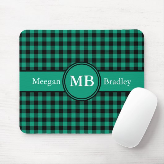 Modernes Monogramm Grünes Kariertes Muster Mousepad (Mit Mouse)