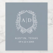 Modernes Monogramm Hochzeitdrossel-blaues Wappen Weinetikett (Einzelnes Label)