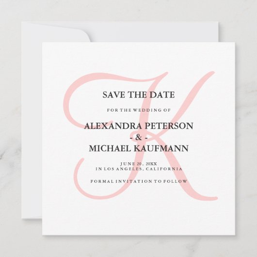 Modernes Monogramm in rosa Save the Date elegant (Vorderseite)