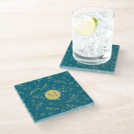 Modernes, monogramm-lila-gelbes Beerenmuster Glasuntersetzer
