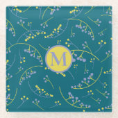 Modernes, monogramm-lila-gelbes Beerenmuster Glasuntersetzer (Vorderseite)