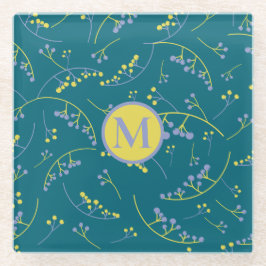 Modernes, monogramm-lila-gelbes Beerenmuster Glasuntersetzer