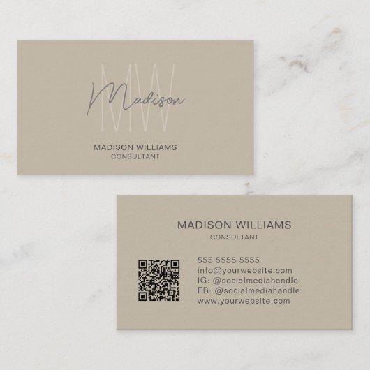 Modernes Monogramm-Logo QR-Code Beige Berater Visitenkarte (Vorne/Hinten)