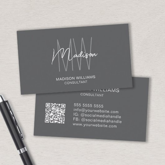 Modernes Monogramm-Logo QR-Code Grau Consultant Visitenkarte