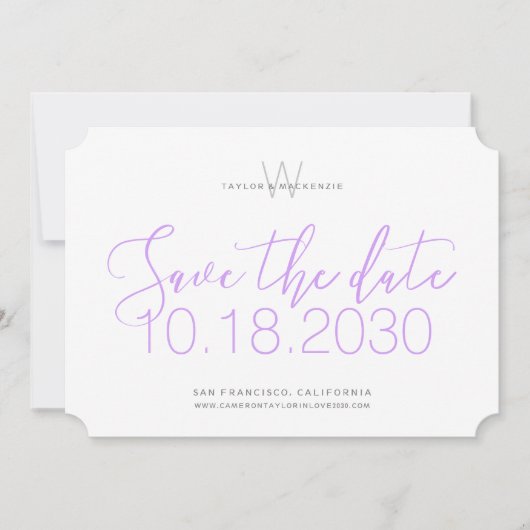 Modernes Monogramm Minimal Lilac Save the Date Lil (Vorderseite)