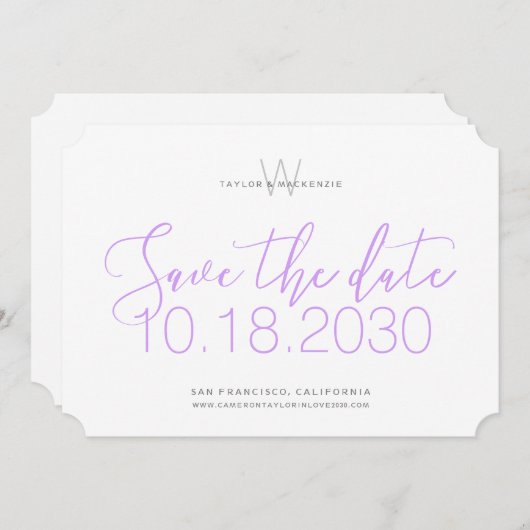 Modernes Monogramm Minimal Lilac Save the Date Lil (Vorne/Hinten)