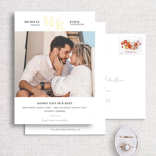 Modernes monogramm-Minimales Foto Save the Date au Folieneinladung