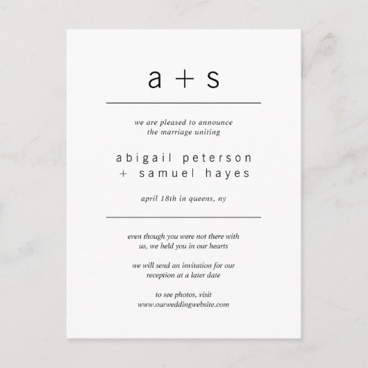 Modernes Monogramm-Minimalistisches Hochzeitstil Ankündigungspostkarte (Vorderseite)