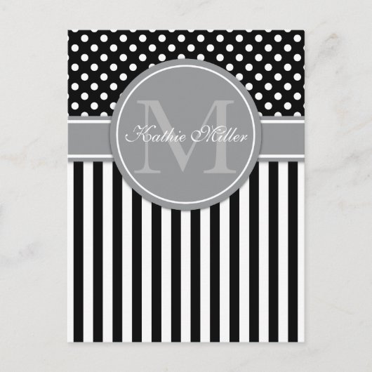 Modernes Monogramm mit Streifen-Punkt Postkarte (Vorderseite)