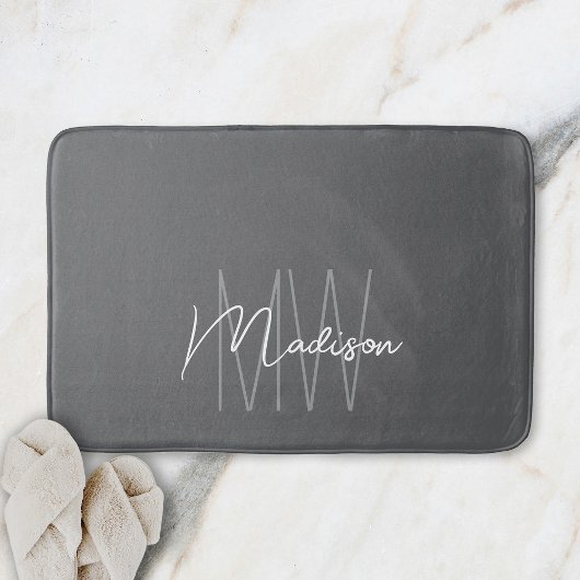 Modernes Monogramm Name Script grau Badematte