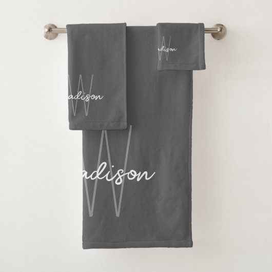Modernes Monogramm Name Script grau Badhandtuch Set (Insitu)