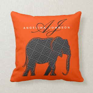 Modernes Monogramm Orange und Schwarz Kissen