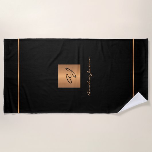Modernes Monogramm personalisiertes schwarzes Gold Strandtuch (Vorderseite)
