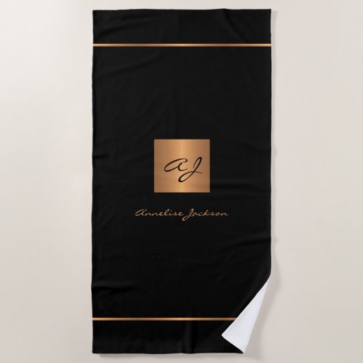 Modernes Monogramm personalisiertes schwarzes Gold Strandtuch (Vorderseite)