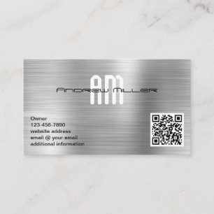 Modernes Monogramm QR-Code Faux gebürstetes Metall Visitenkarte