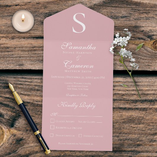 Modernes Monogramm Rosa Abendessen All In One Einladung