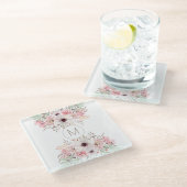 Modernes Monogramm-Rosa mit Blumen Glasuntersetzer (Schrägansicht)