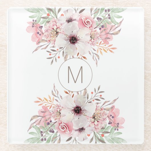 Modernes Monogramm-Rosa mit Blumen Glasuntersetzer (Vorderseite)