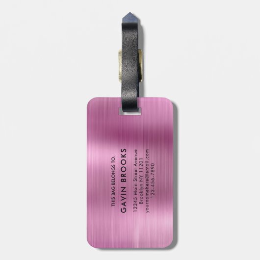 Modernes Monogramm Rosa Pinselpinsel, Girly Metall Gepäckanhänger (Rückseite vertikal)