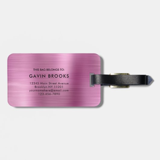 Modernes Monogramm Rosa Pinselpinsel, Girly Metall Gepäckanhänger (Rückseite horizontal)