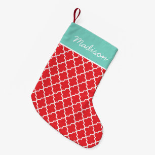 Modernes Monogramm Rot und Aqua Quatrefolie Kleiner Weihnachtsstrumpf