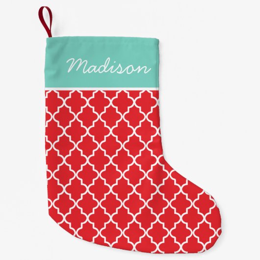 Modernes Monogramm Rot und Aqua Quatrefolie Kleiner Weihnachtsstrumpf (Vorderseite)