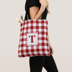 Modernes Monogramm-Rot-Weiß-Gingham-Muster Tasche