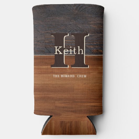 Modernes Monogramm rustikales Holzton braun Selters Dosenkühler (Vorderseite)