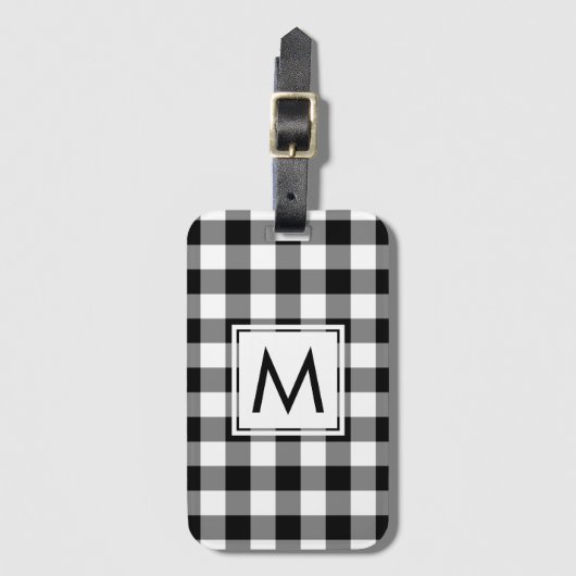 Modernes Monogramm Schwarz/Weiß Gingham Muster Gepäckanhänger (Vorderseite Vertikal)