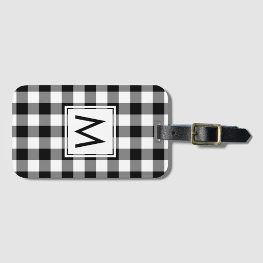 Modernes Monogramm Schwarz/Weiß Gingham Muster Gepäckanhänger (Vorderseite (Horizontal))