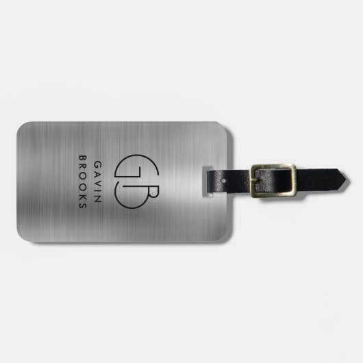 Modernes Monogramm Silber Grau gebürstet Metallic Gepäckanhänger (Vorderseite horizontal)