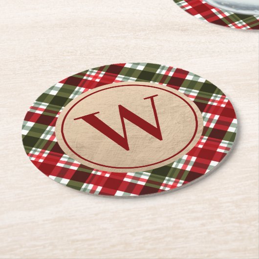 Modernes Monogramm zu Weihnachten Kariert Runder Pappuntersetzer (Angewinkelt)