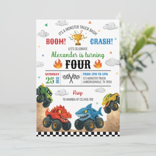 Modernes Monster Truck Kindergeburtstag Party Einladung (Stehend Vorderseite)